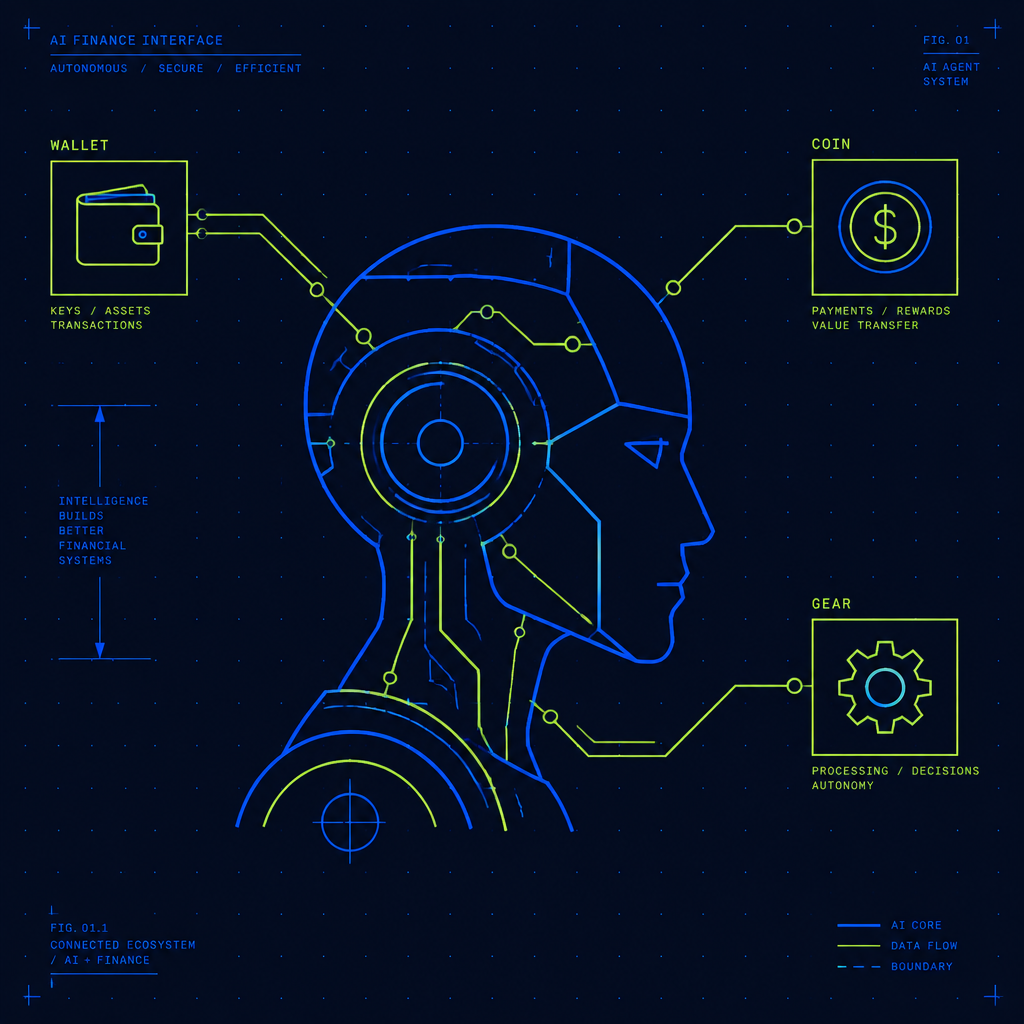 Technical diagram of an AI agent connected to a wallet, coin, and gear